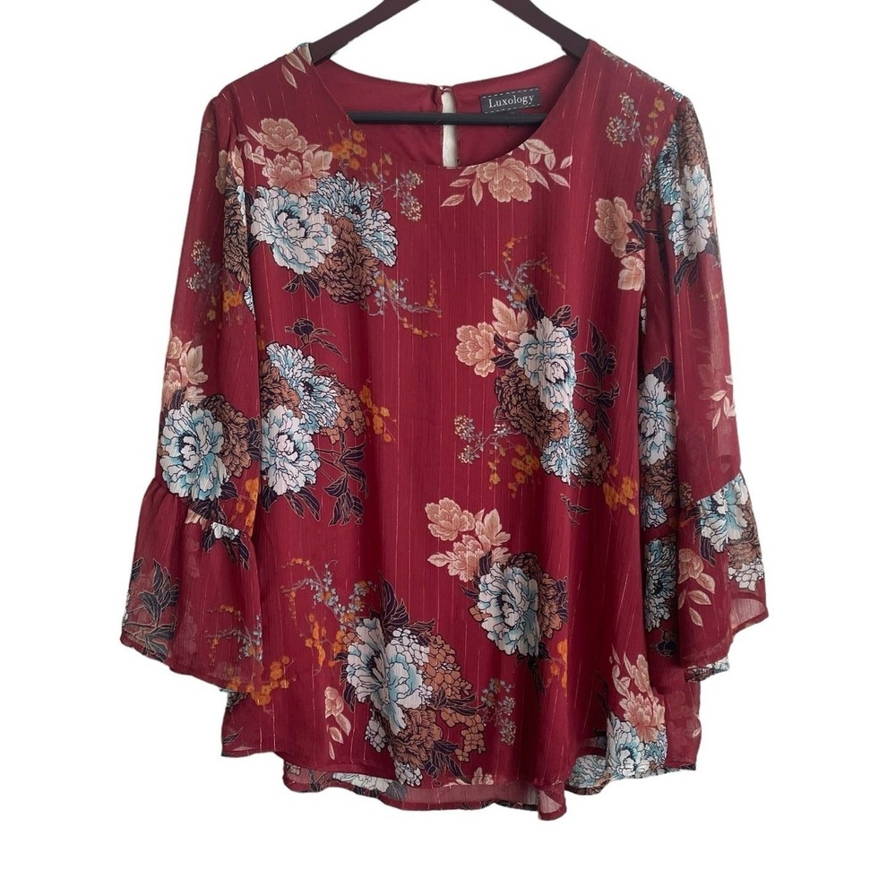Luxology Women Cottage Top XL Burgundy Floral Bell Sleeve Peasant Boho Romantic